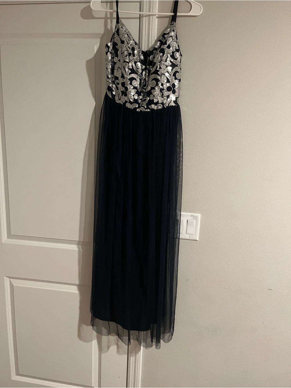 Black and Silver Sequin Spaghetti-Strap Evening Gown